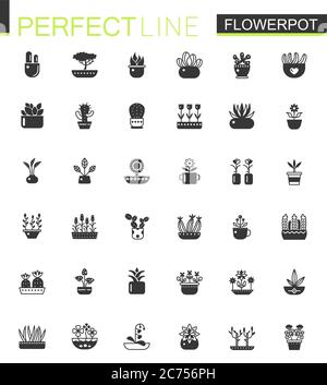 Black classic House plants and flowers in Flowerpots icons set isolated Stock Vector