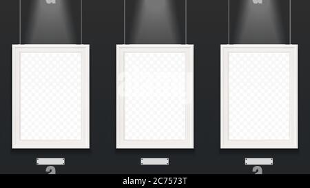 Realistic vector picture frames in photo art gallery on the black wall isolated. Stock Vector