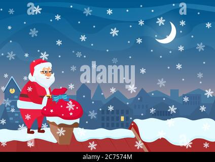 Santa Claus standing on roof and putting bag with presents to chimney. Stock Vector