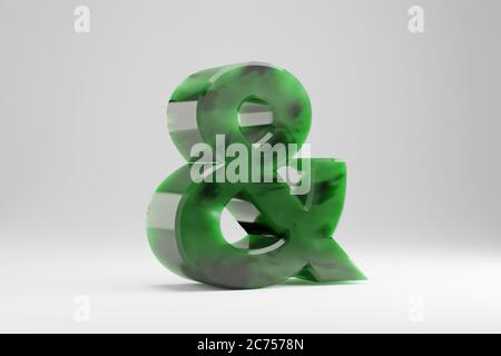 Jade 3d ampersand symbol. Jade sign isolated on white background. Green jade semitransparent stone alphabet. 3d rendered font character. Stock Photo