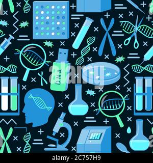 DNA research seamless pattern in flat style. Scientific repeating background. Genetic testing and genome sequencing. Medical vector illustration. Stock Vector
