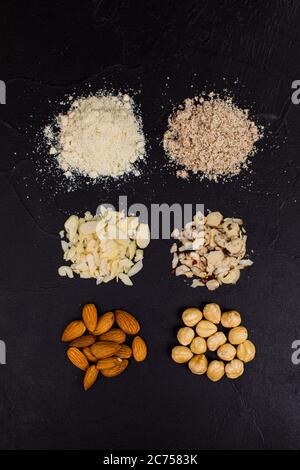Peanuts, almonds and hazelnuts in various forms Stock Photo