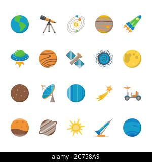 Space exploration icons collection in flat style. Spaceship, Solar system planets, rocket and other symbols isolated on white background. Vector illus Stock Vector