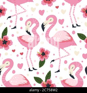 Little flamingo bird vector seamless pattern. Cartoon tropical summer background with pink exotic jungle animal, tropic palm and flowers. Kid illustration. Stock Vector