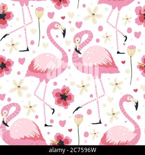 Flamingo bird couple in love on white. Vector seamless pattern. Cartoon tropical summer background with pink exotic jungle animal, tropic palm and flowers. Kid illustration. Stock Vector