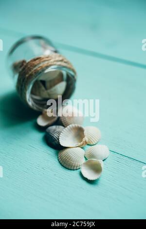 Sea shells in glass side on turquoise wooden background with filter effect retro vintage style. Stock Photo