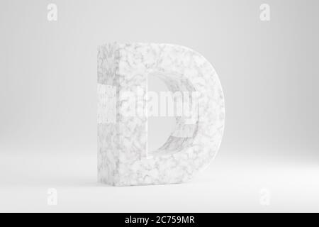 Marble 3d letter D uppercase. White marble letter isolated on white background. Glossy marble stone alphabet. 3d rendered font character. Stock Photo