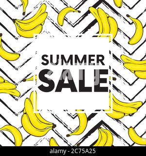 A ready-made card design with beautiful bananas and geometric elements. Vector illustration. Tropical fruits. Summer. Stock Vector