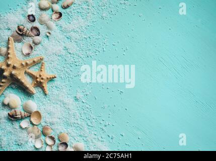 Creative flat lay concept of summer travel vacations. Seashells and starfish on turquoise blue background. Stock Photo