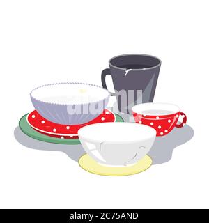 Ceramic plates, mugs, and bowls of different shape and color on a white background, vector illustration. Different tableware Stock Vector