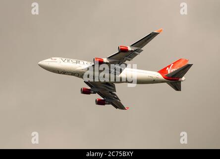 A Virgin Atlantic Boeing 747-400 jet plane taking off from Manchester Airport, England, United Kingdom. Stock Photo