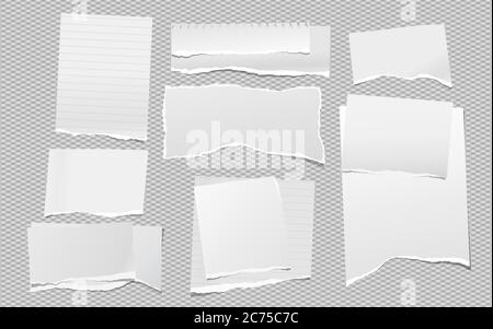 Torn of white note, notebook paper strips and pieces stuck on dark grey squared background. Vector illustration Stock Vector
