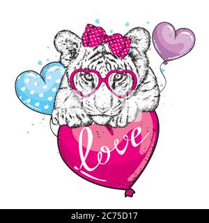 Cute tiger with hearts, glasses and a bow. Vector illustration for a postcard or a poster, print for clothes. Valentine's Day, love and friendship. Stock Vector