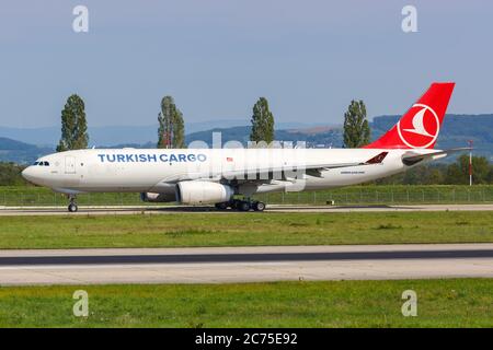 Mulhouse, France - August 31, 2019: Turkish Cargo Airbus A330-200F airplane at Basel Mulhouse EuroAirport (EAP) airport in France. Airbus is a Europea Stock Photo