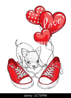 Cute Dog With Hearts, Glasses And A Tie. Vector Illustration For A 