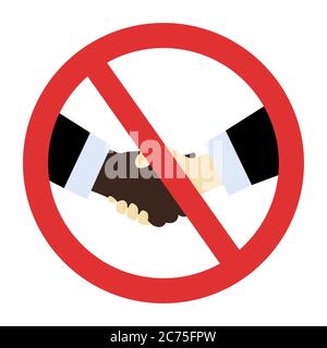 Black businessman and white handshake forbidden isolated symbol. Warning ban contract sign COVID-19 Stock Vector