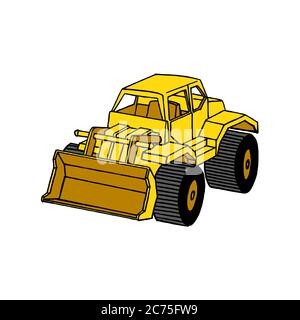 Vector cartoon of a heavy vehicle for construction and mining. Large yellow dredge vector flat design illustration isolated on white background Stock Vector