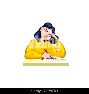 beautiful girl doing homework with thinking expression face on white background. isolated. Vector illustration Stock Vector
