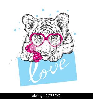 Cute tiger with hearts, glasses and a bow. Vector illustration for a postcard or a poster, print for clothes. Valentine's Day, love and friendship. Stock Vector