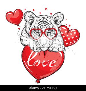 Cute tiger with hearts, glasses and a bow. Vector illustration for a postcard or a poster, print for clothes. Valentine's Day, love and friendship. Ti Stock Vector