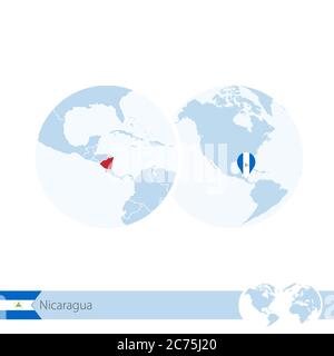 Nicaragua on world globe with flag and regional map of Nicaragua. Vector Illustration. Stock Vector