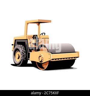 Vector cartoon of a heavy vehicle for construction. Large yellow steamroller vector flat design illustration isolated on white background Stock Vector