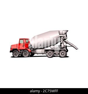 left side view of concrete mixer truck isolated on white background. 3d illustration. Stock Vector