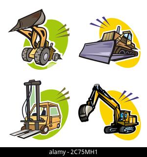 Set of bulldozer excavator forklift icon illustration. Contruction industry machinery Stock Vector