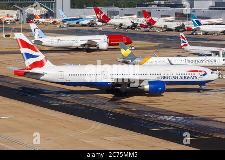 London, United Kingdom - July 31, 2018: British Airways Boeing 777-200ER airplane at London Gatwick airport (LGW) in the United Kingdom. Stock Photo