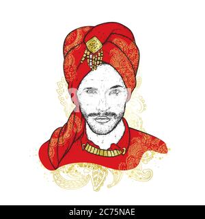 Beautiful sultan in a turban with patterns. Vector illustration. Oriental man. Fashion & Style. Stock Vector