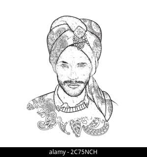 Beautiful sultan in a turban with patterns. Vector illustration. Oriental man. Fashion & Style. Stock Vector