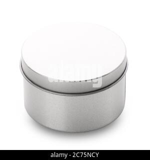 Round metal box on a white background. Stock Photo
