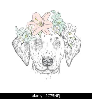 Cute puppy wearing a wreath of flowers. Vector illustration for greeting card, poster, or print on clothes. Fashion & Style. Vintage. Beautiful dog. Stock Vector