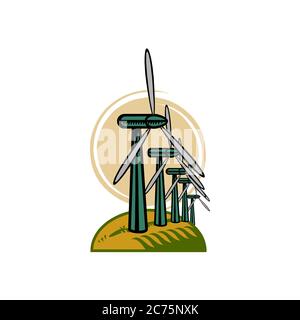Wind turbines on round hill with color  illustration isolated on white background Stock Vector