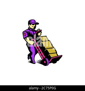 Warehouse worker moving boxes on trolley vector illustration. isolated white background. Stock Vector