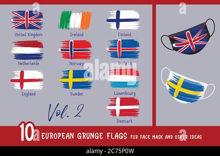 10 European grunge flags for face mask and other ideas. Stock Vector