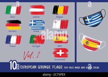 10 European grunge flags for face mask and other ideas. Stock Vector