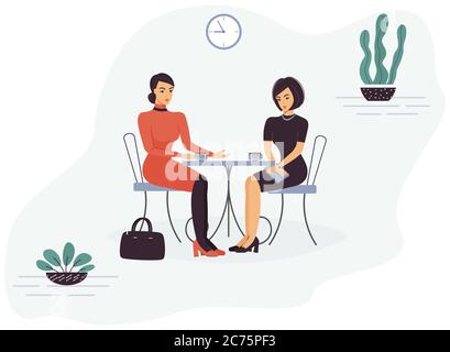 Two cute funny smart beautiful women colleagues are sitting in a cafe at a table, talking and drinking coffee or tea during break. Trendy green home p Stock Vector