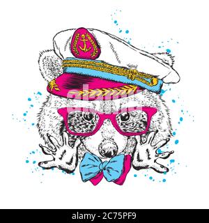Cute raccoon in the captain's cap. Vector illustration. Print. Stock Vector