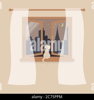 Wooden window with tulle as design element for interior of room on cream background. Night city scene or cityscape is outside. Cat sit on windowsill a Stock Vector