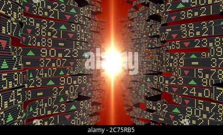 3D Illustration for financial and business backgrounds with Wall Street stock market tickers sliding on trading boards towards a red light. Stock Photo