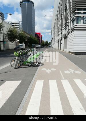 Paris, France. July 11. 2020. Vélib rental station. Row Electric-assisted bicycle, ecological alternative against pollution. Urban transport. Stock Photo