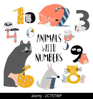 Cartoon illustration of numbers set from one to nine with woodland animals Stock Vector