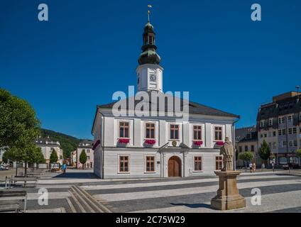 Town Hall, St John of Nepomuk statue, at Masarykovo namesti in town of Jesenik, Czech Silesia, Olomouc Region, Czech Republic