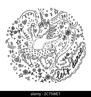 Funny dancing unicorn in skirt. Vector humor character in doodle style.Monochrome isolated illustration for stickers, design cushion, clock, card, des Stock Vector