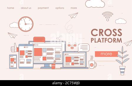 Cross platform software landing page design. Computer, laptop, tablet, and smartphone screen with adaptive layout internet page or web interface. Web development vector cartoon outline illustration. Stock Vector