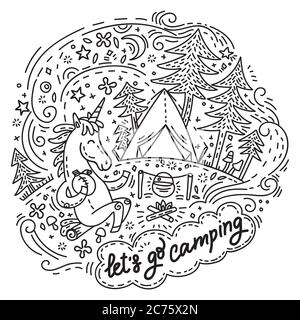 Funny cute unicorn in good mood enjoy camping. Vector humor character in doodle style. Monochrome isolated illustration for stickers, design cushion, Stock Vector