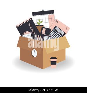 Concept of moving to new office. Cardboard box 3d with folders in trendy colours pink navy, wall calendar, pen,pencils, to do list,planner,envelope, p Stock Vector