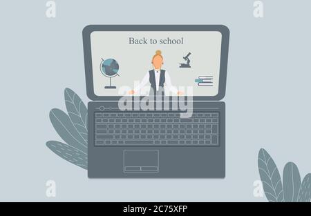 The concept of distance learning or online training during the virus epidemic.Laptop with an Internet page with a teacher, globe, microscope and books Stock Vector