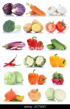 Collection of vegetables tomatoes carrots lettuce onion fresh food vegetable isolated on a white background Stock Photo